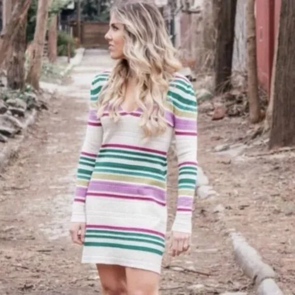Free People | Dresses | Free People Gidget Striped Sweater Dress Size S  Womans Long Puff Sleeve Vneck | Poshmark